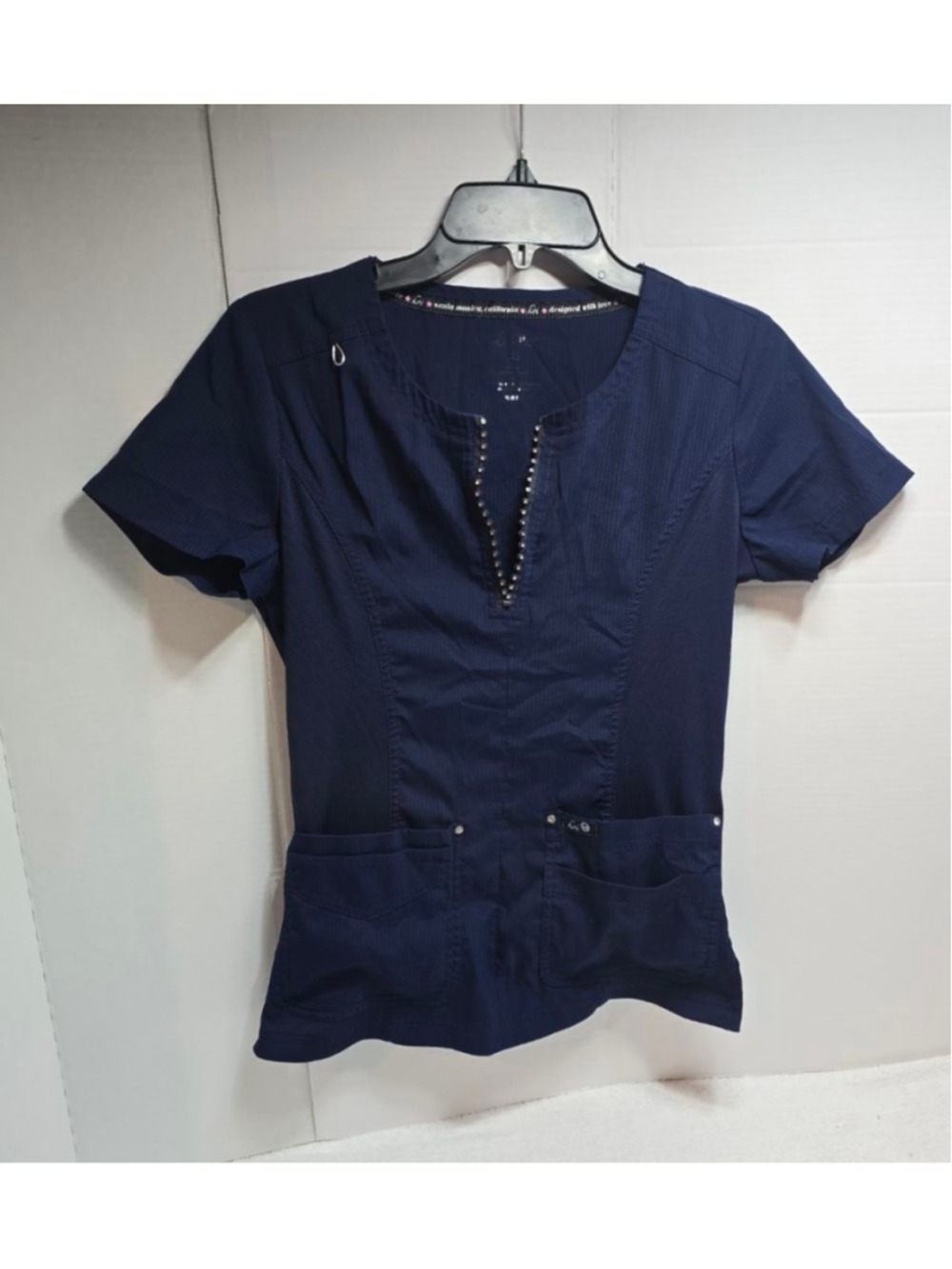 Women's Koi Navy Short Sleeve Scrub Top with Rhinestone Zipper XS